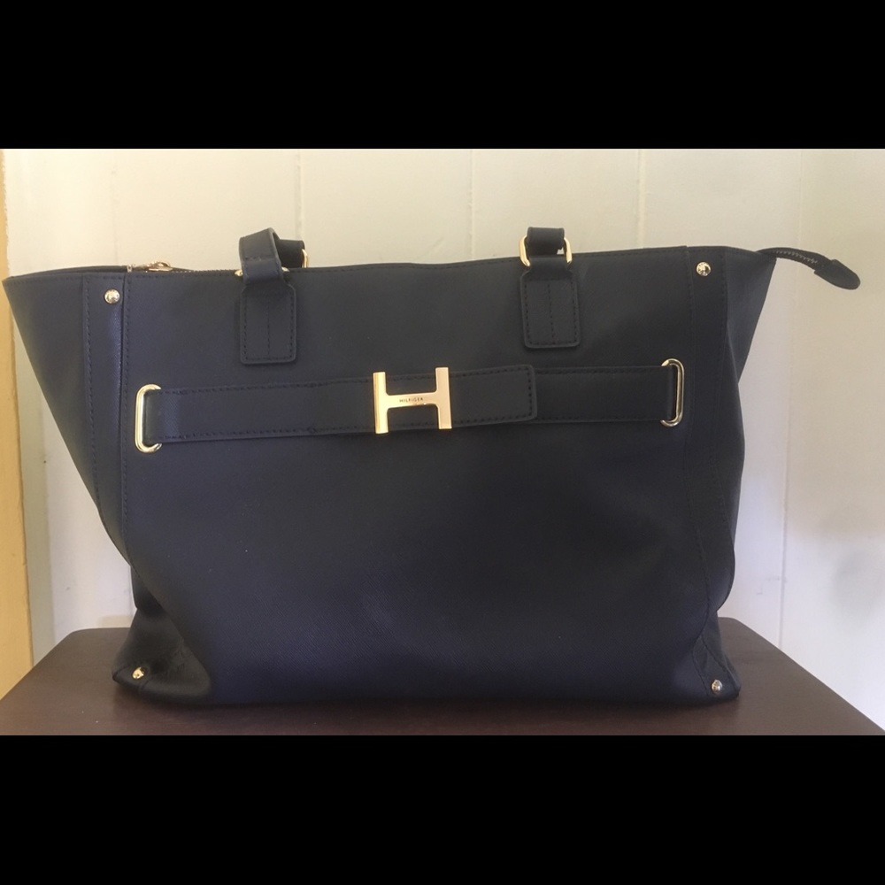 Tommy Hilfiger Blue Saffiano Leather Zip-Top Tote